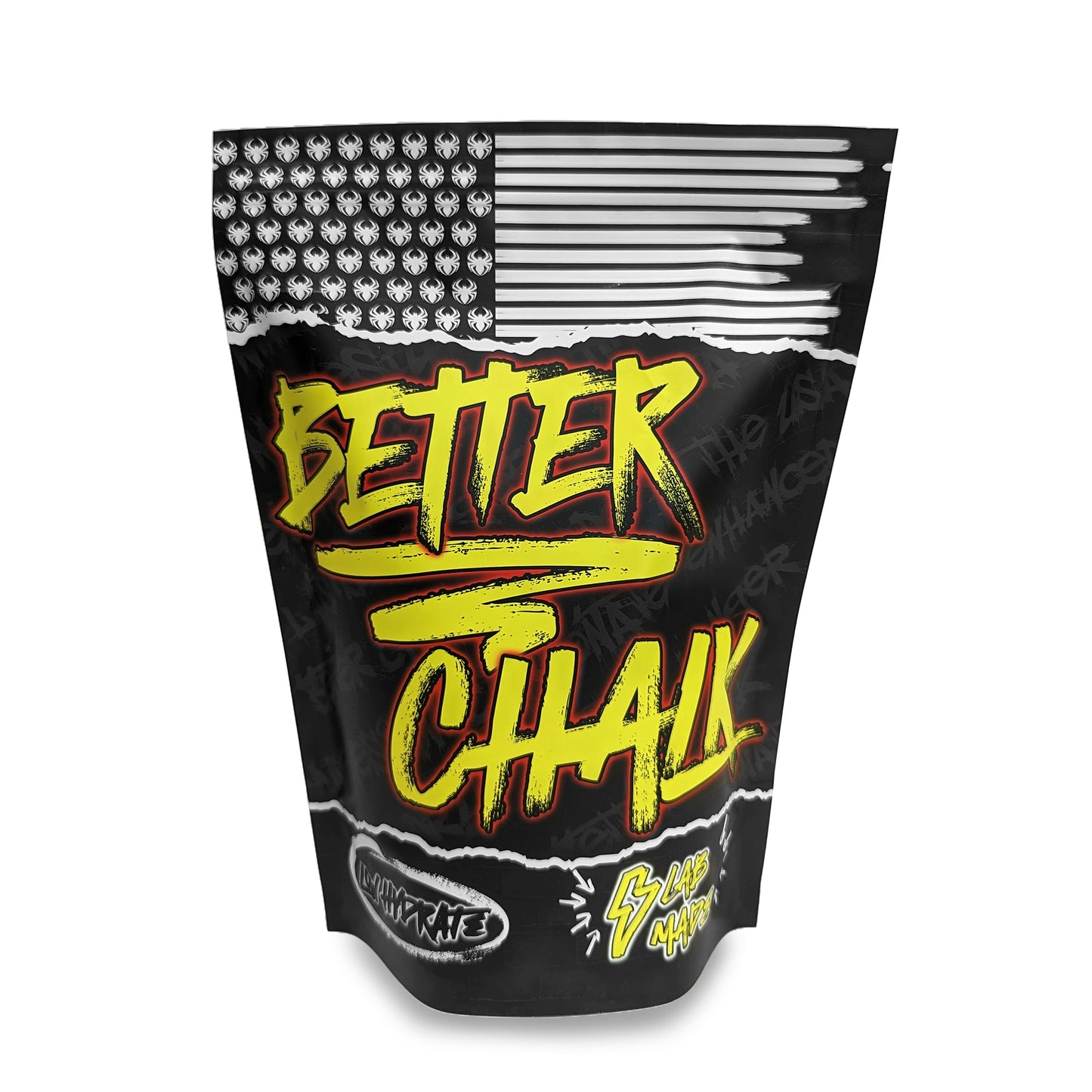 powder climbing chalk bagwith american flag design and better chalk text in yellow font
