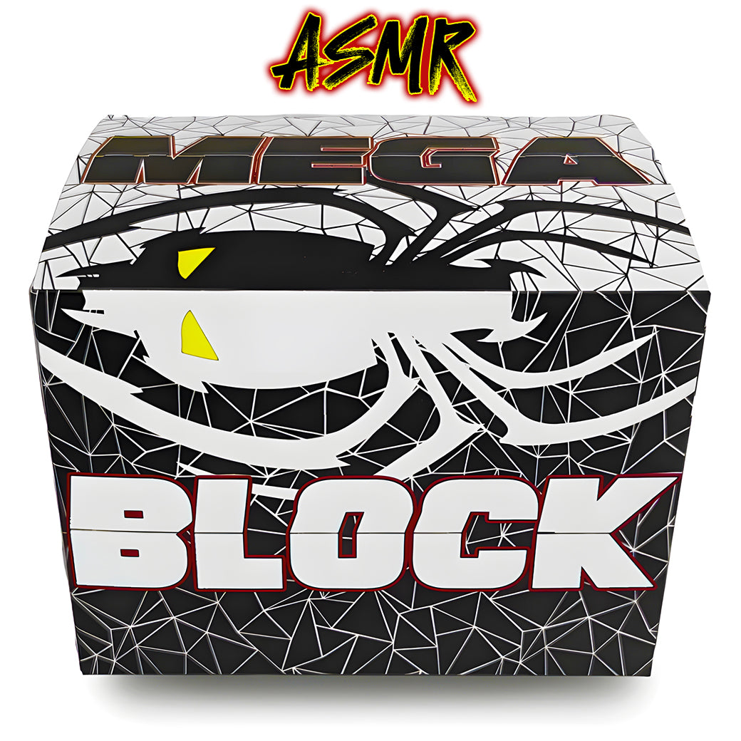 A black and white image of an ASMR Mega Block spider chalk box with a spider graphic and text.