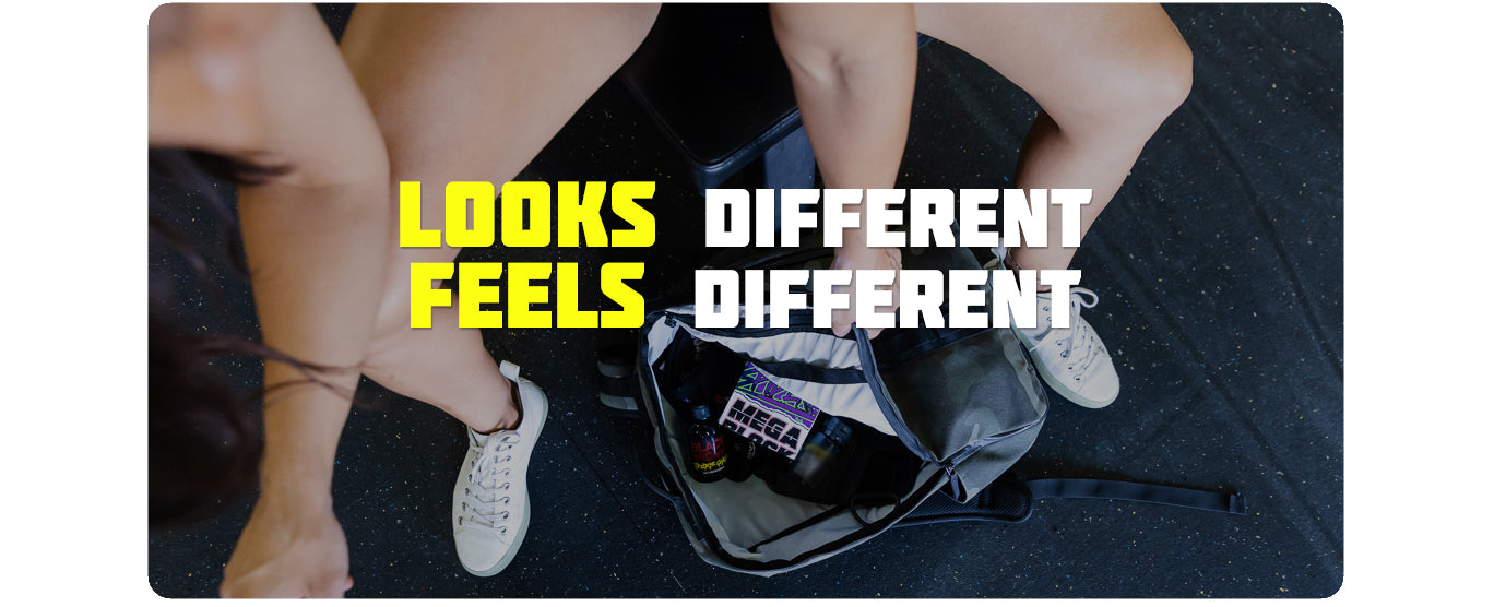Close-up of a person's feet wearing white sneakers with text 'LOOKS DIFFERENT FEELS DIFFERENT' on a dark background.