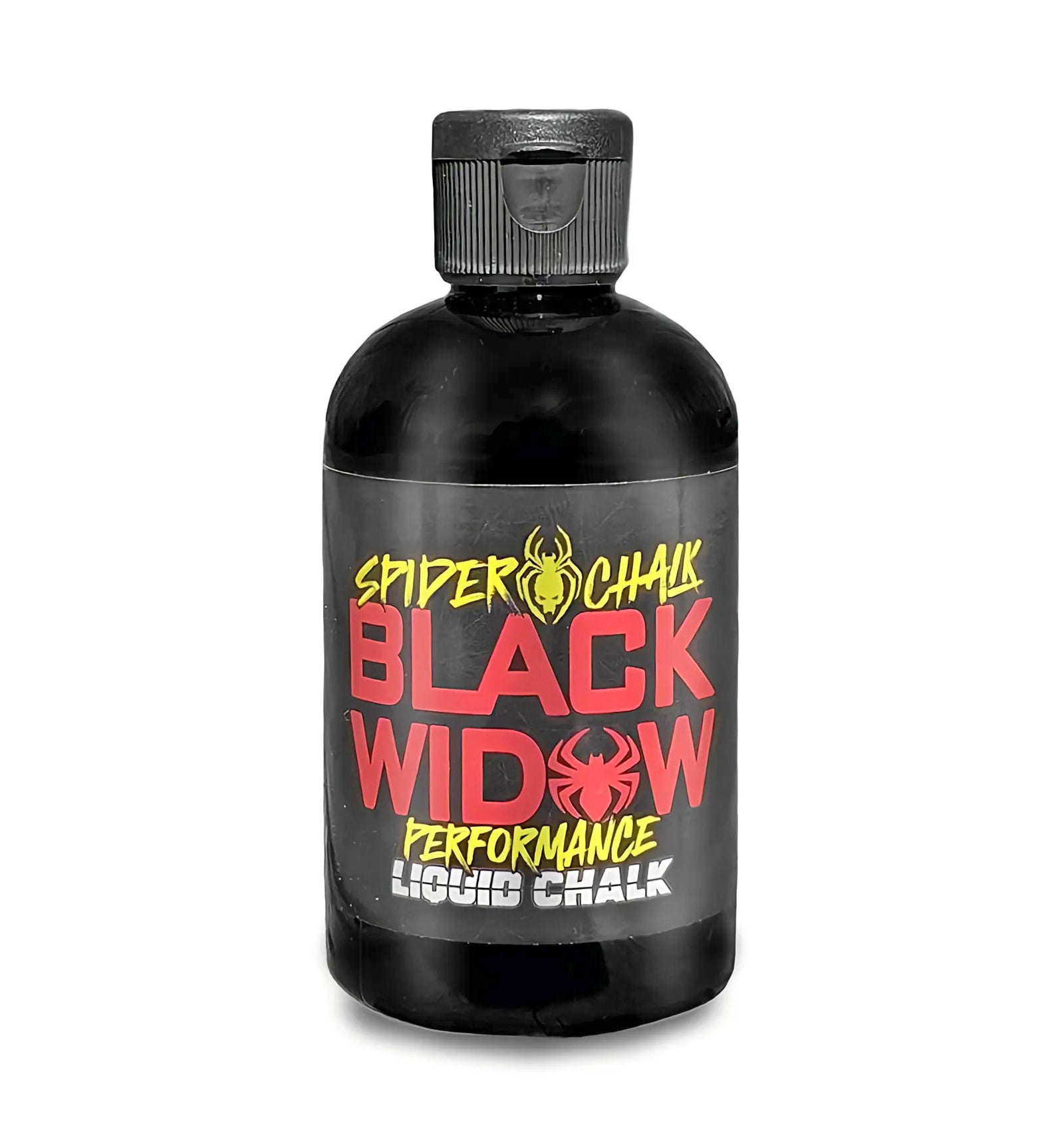 A bottle of Black Widow liquid chalk with a black cap and label featuring red and yellow text and a spider graphic.