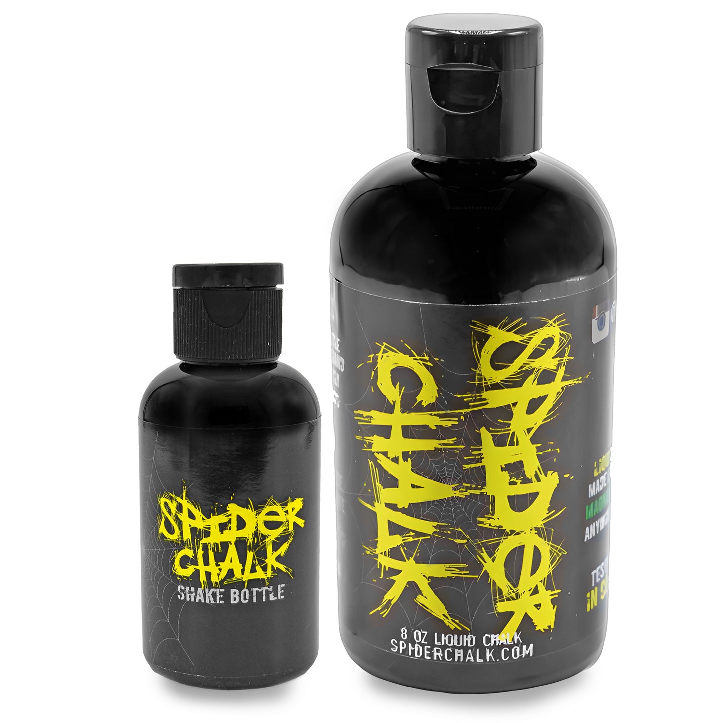 black bottles of liquid chalk in both large and small sizes