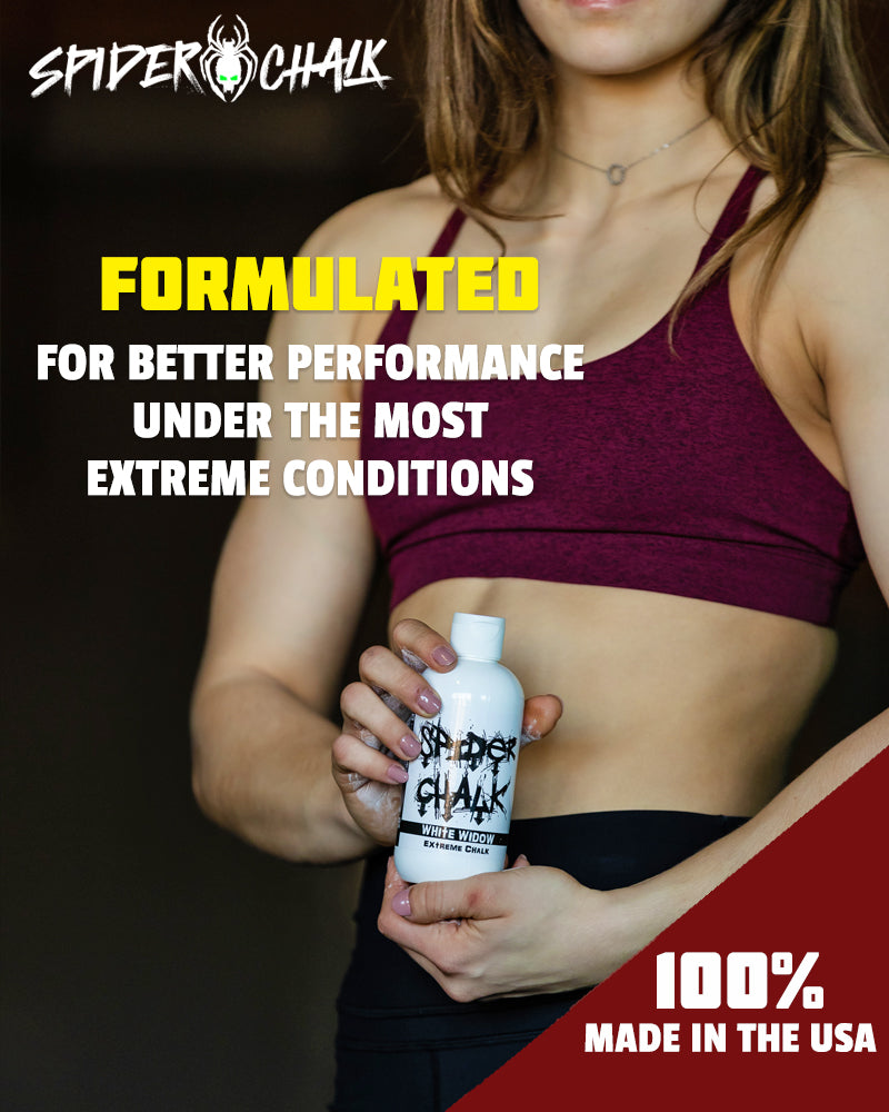 Person in athletic attire holding a bottle of Spider Chalk brand liquid chalk, with text highlighting its formulation for better performance in extreme conditions and stating it is 100% made in the USA.