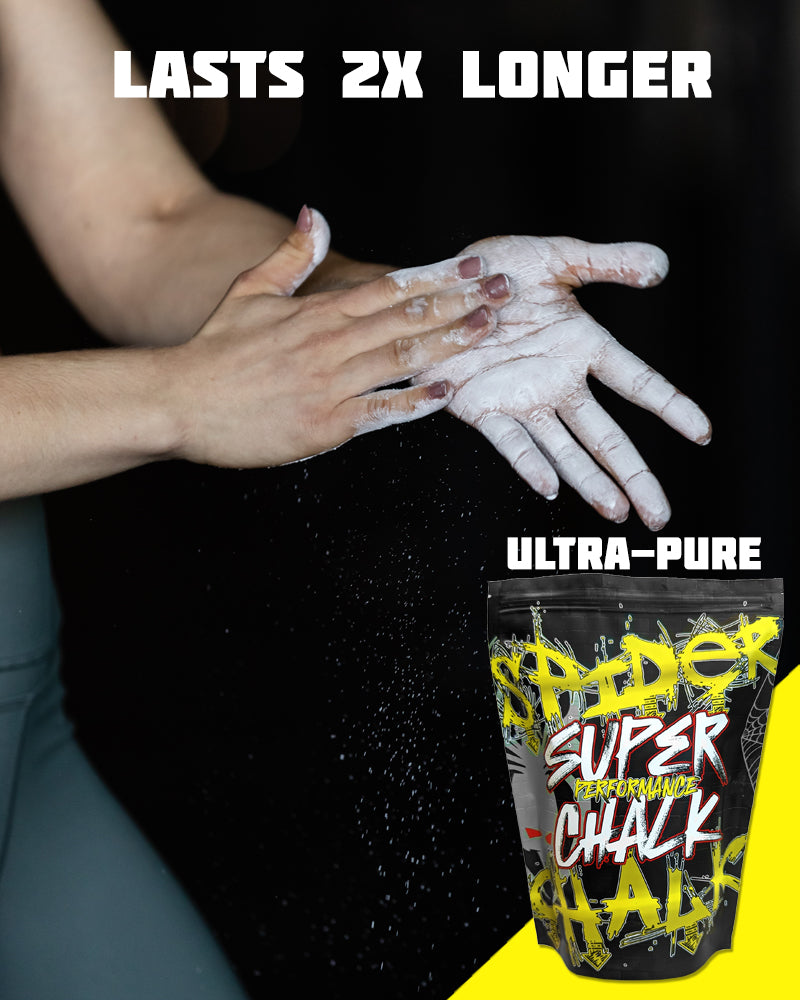 rubbing chalk on hands and bag of powder spider chalk