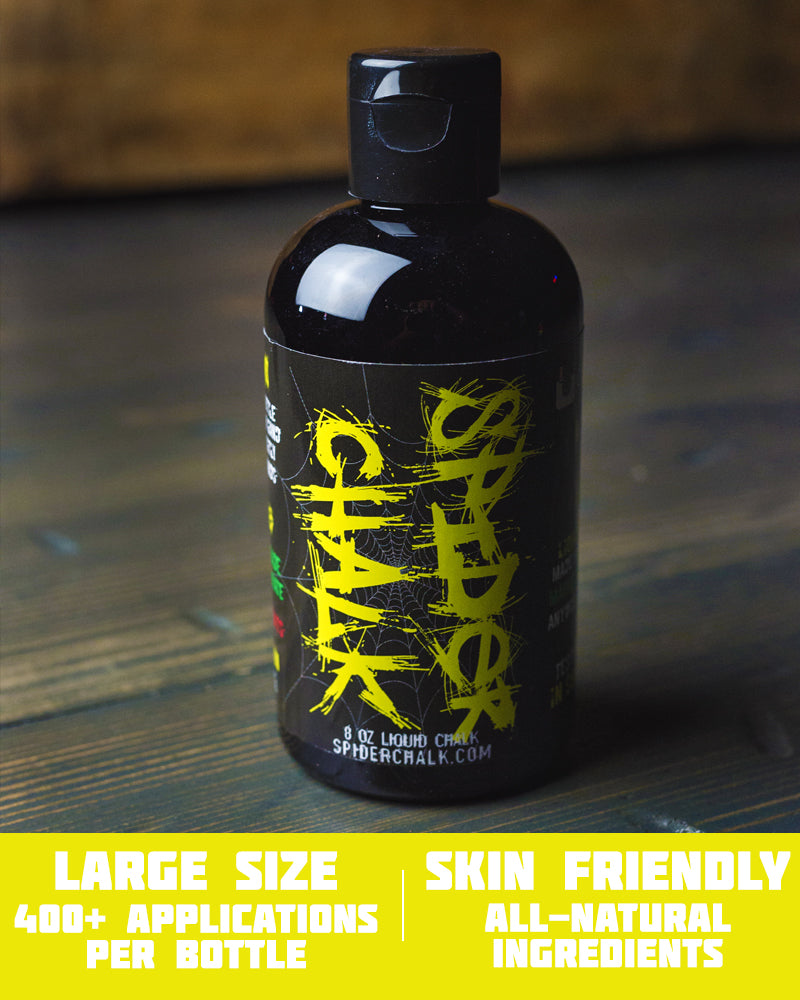 large black 8oz bottle of spider chalk liquid gym chalk